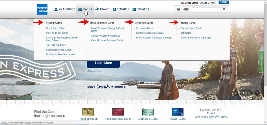 American Express website screenshot displaying card options